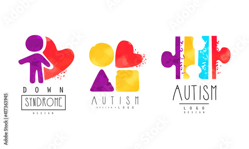 Autism and Down Syndrome Bright Logo Design Templates Set, Awareness Concept, Kids Center, Charitable Organization Colorful Emblem Vector Illustration