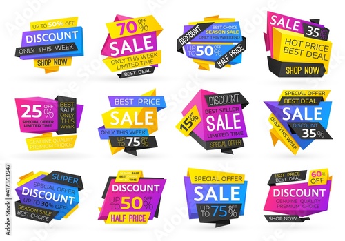 Shopping sale and price discounts offer badges. Seasonal sale price off, best deal and hot discounts, shop now, limited time offer and premium choice advertising sings, promotion bubbles icon vector
