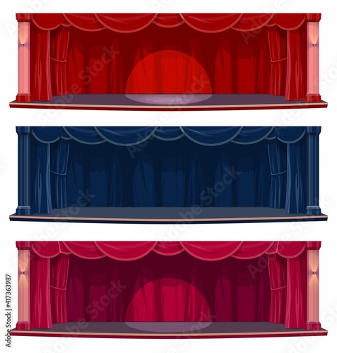 Theater or concert hall stage with curtains and drapes. Empty stage with spotlight beam, red and blue heavy curtains, columns cartoon vector. Theatrical art or music performance, festival and opera