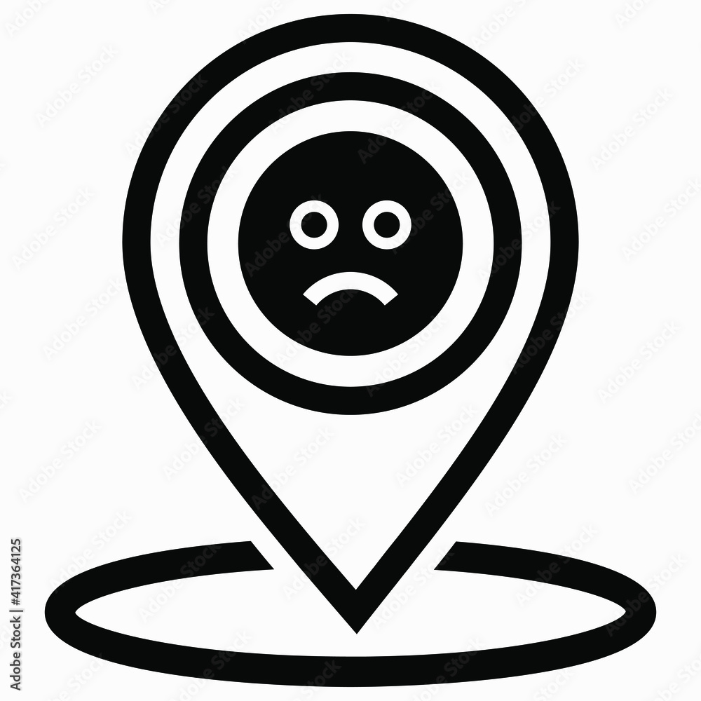 Location and sad emoticon. Bad review for the place. Opinion about the object. User feedback. Vector icon. Location and sad emoticon. Bad review for the place. Opinion about the object. User feedback. Vector icon.