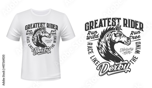 Horse stallion racing t-shirt vector print. Thoroughbred steed, horse stud head engraving illustration, grungy typography. Racecourse derby or equestrian sport competition apparel custom design print