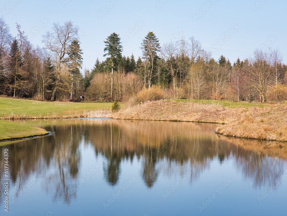 a pond in rural environment with reflections in the water