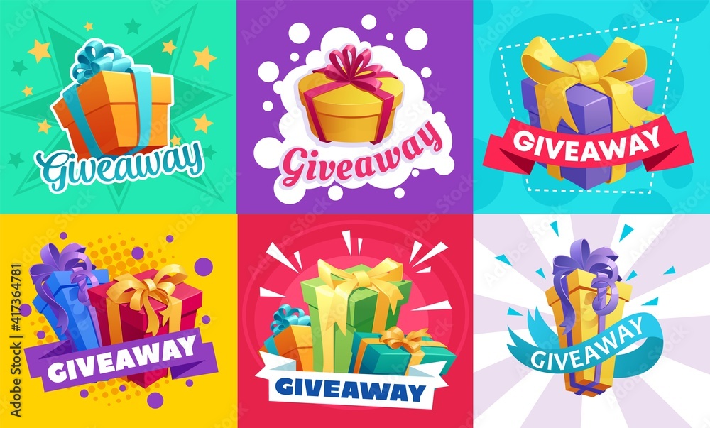 Giveaway gifts promotion, free prizes quiz and lottery with presents ad. Wrapped gift box, decorated with color ribbon bow surprise cartoon vector. Shop holiday sale, social network raffle offer