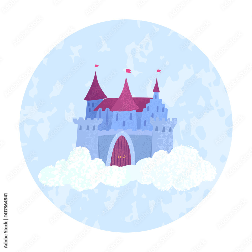 Vector colorful illustration of magical fairy princess castle floating in the clouds on a blue round background