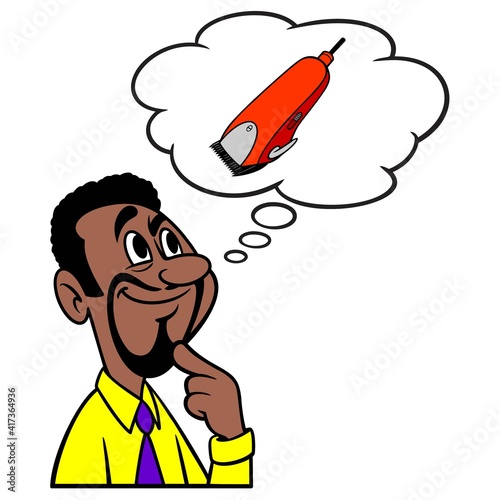 Man thinking about Hair Clippers - A cartoon illustration of a man thinking about getting his hair cut at a local barber shop.