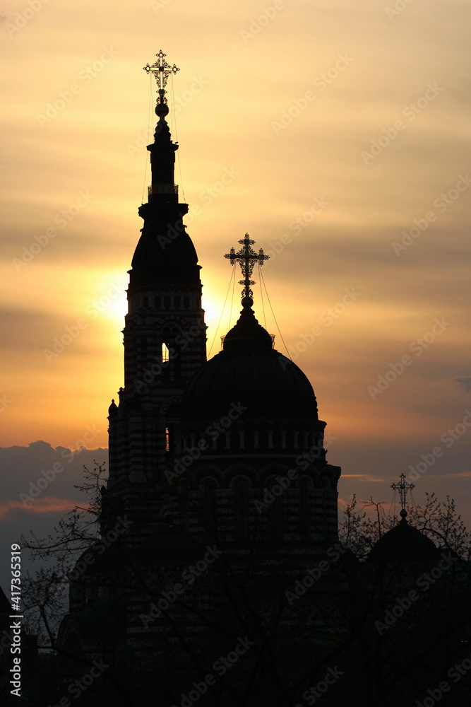 Silhouette of the Annunciation Cathedral in Kharkiv. Main Orthodox church of Kharkiv, Ukraine.