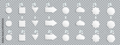 Set of white blank advertising wobblers isolated on transparent background. Different shape wobbler sale discount tags. 3d realistic tag design. Concept for supermarket price tag on shelves. Vector