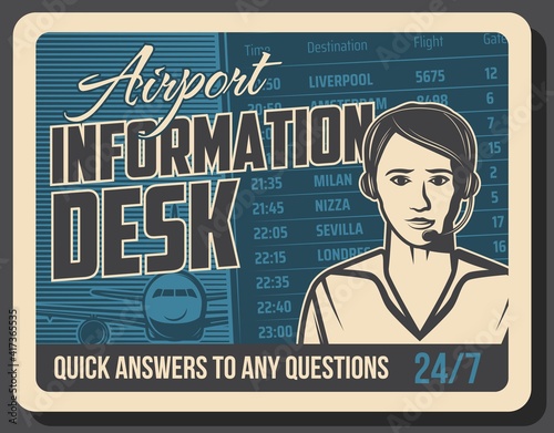 Airport flights information service retro banner. Airport information desk or call center operator, woman in headset and passenger airliner, departure board vector. Airline helpline service poster