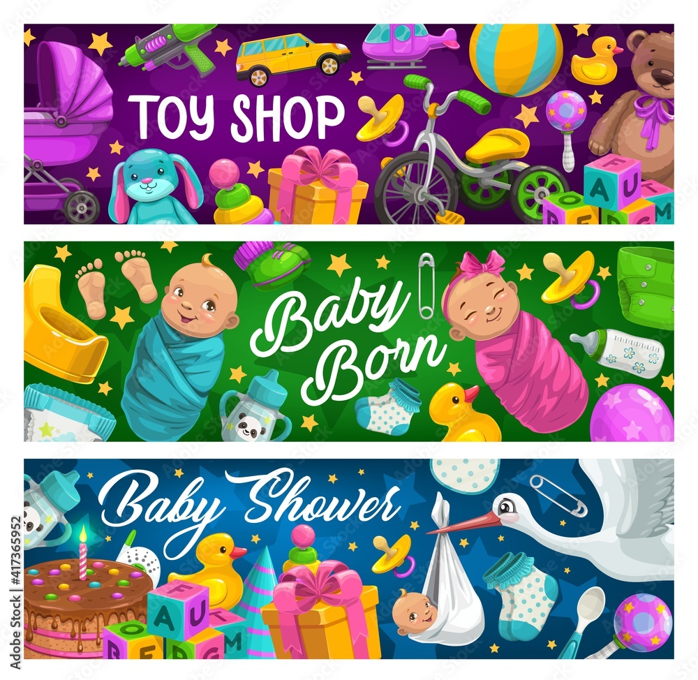 Children products and toys shop banners. Happy infant boy and girl swaddled in blue and pink napkin, kids toys, clothing for babies and birthday cake with candle vector. Baby shower gifts poster