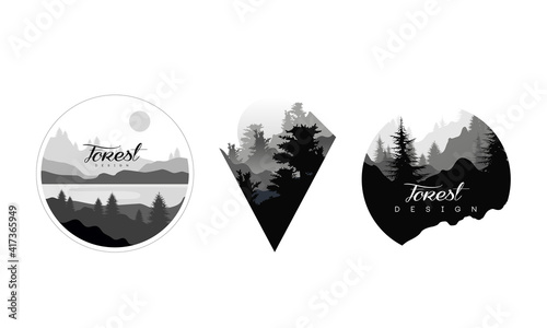 Beautiful Monochrome Landscapes Set, Wild Forest Mountain Landscape with Silhouettes of Coniferous Trees Vector Illustration