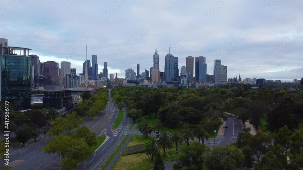 Drone shot over the eerie Melbourne city streets during the coronavirus lockdown as Australia is placed under strict COVID-19 restrictions. Drone shot over the eerie Melbourne city streets during the coronavirus lockdown as Australia is placed under strict COVID-19 restrictions.