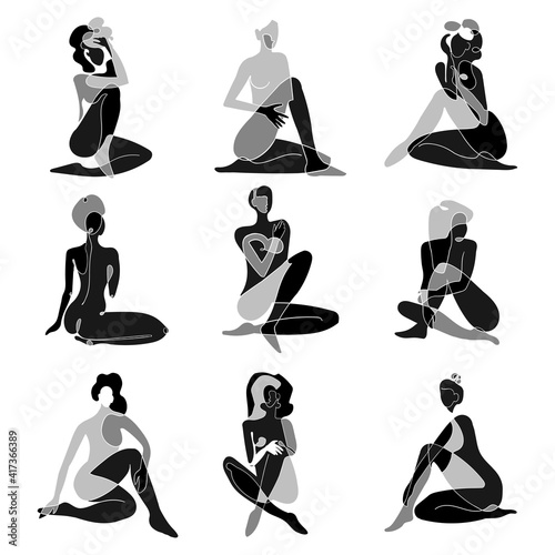 Vector set with black and white illustrations of silhouette woman body. One line drawing isolated on white background. Design card, poster, banner, social Media post, fashion print, beaty salon logo