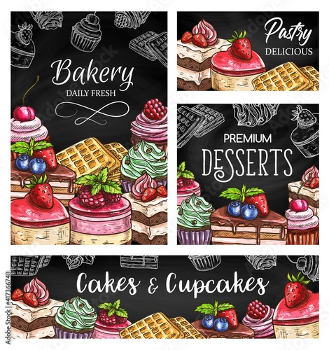 Cakes and cupcakes sketch vector posters, pastry shop desserts and sweets on blackboard. Engraved patisserie cakes, chocolate muffins, belgian waffles and brownie pie, menu covers design, banner set