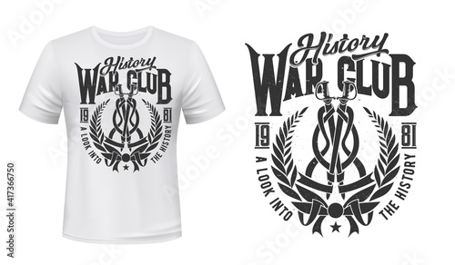 Wreath t-shirt print mockup, history war club vector icon. Laurel wreath and warrior swords with ribbons, military history faculty or education academy badge symbol for student t shirt print