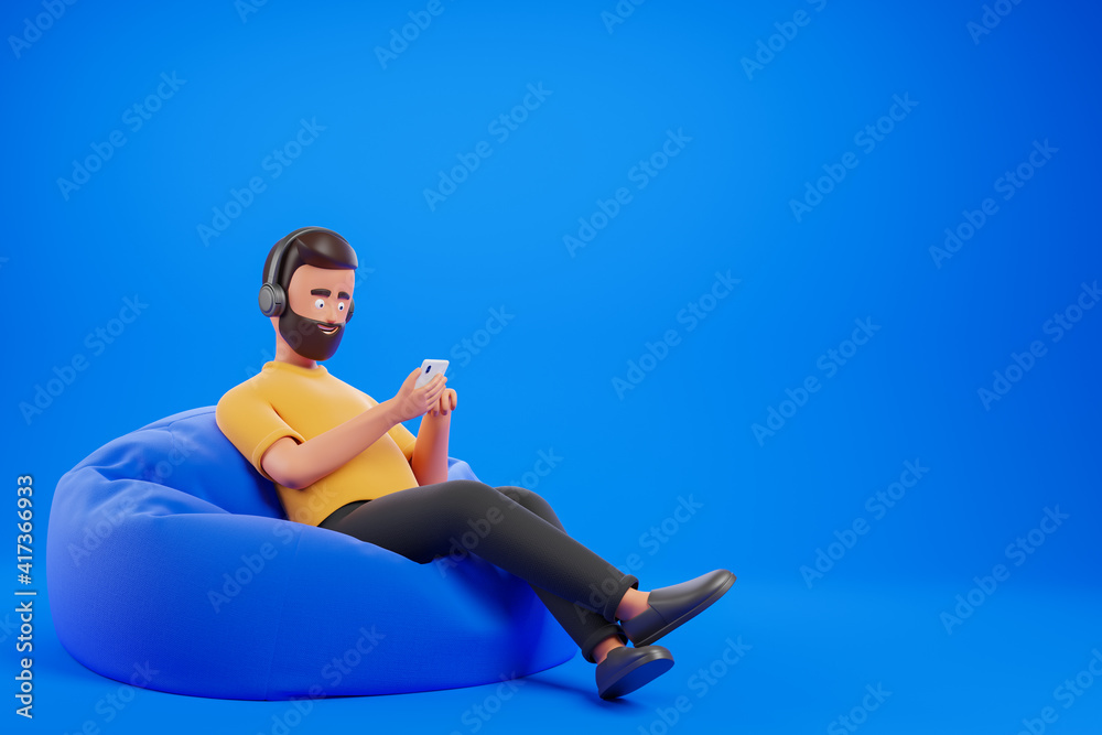 Handsome cartoon character man in yellow t-shirt relax at bean bag armchair and listening music by headphones and smartphone over blue background. Stock Illustration | Adobe Stock Handsome cartoon character man in yellow t-shirt relax at bean bag armchair and listening music by headphones and smartphone over blue background. Stock Illustration | Adobe Stock