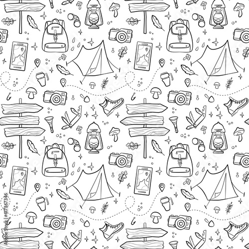 Hiking and camping seamless pattern with travel elements. Seamless pattern for design, posters, backgrounds Hiking, travel and camping theme. Tent, sing, campfire, map, camera, binoculars in line