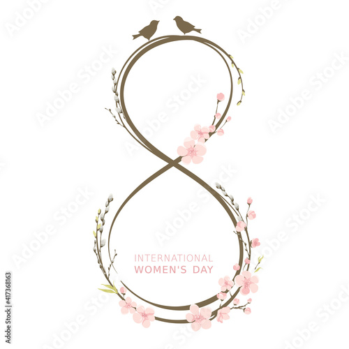 International women's day card. Vector illustration, postcard. Willow and Cherry blossom. 