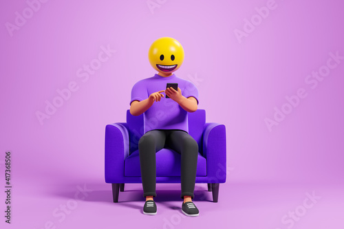 Happy cartoon character man with yellow emoji smile head on purple armchair typing smartphone over pink background.