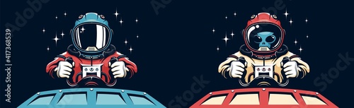 Alien astronaut in spacesuit driving flying saucer. Spaceman on space shuttle. Vector retro illustration.