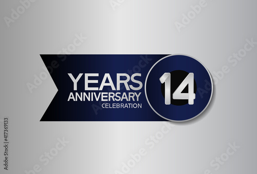 14 years anniversary logo style with circle and big ribbon blue color for celebration moment