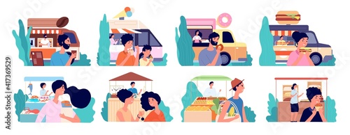 Small business. Cafe owner, coffee shop bakery local market. Flat happy customer eat food, street facade and buyers utter vector. Owner coffee shop or cafeteria, seafood market and fruit illustration