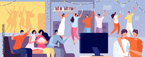 Friends home party. Apartment evening, young teens night dance at flat. People talk, watch tv or playing video game utter vector illustration. Party house, popele in apartment relax