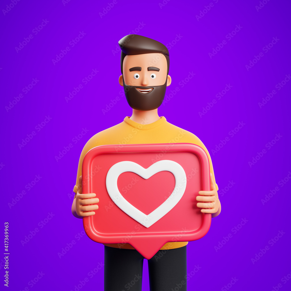 Fototapeta premium Portrait handsome cartoon beard character man in yellow shirt holding red like icon with heart shape symbol over purple background.