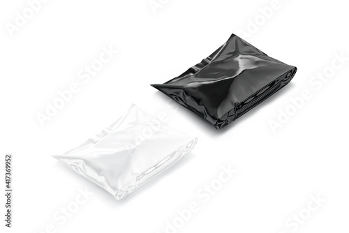 Blank black and white die-cut full plastic bag mockup lying,