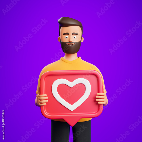 Portrait handsome cartoon beard character man in yellow shirt holding red like icon with heart shape symbol over purple background.