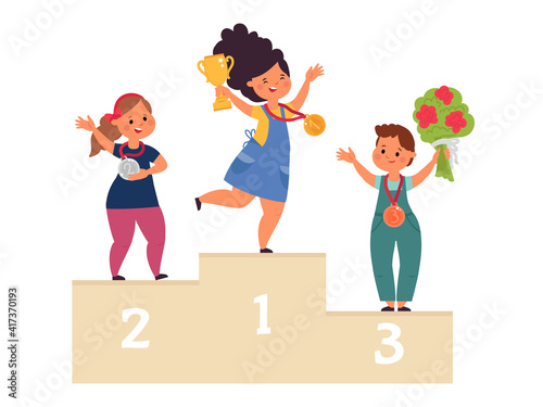 Kids winners. Child win competition, winner on podium with medals. Cartoon children victory, champion girl with prize decent vector concept. Illustration winner success, champion child