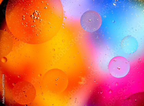 Fototapeta Naklejka Na Ścianę i Meble -  Beautiful abstract background from mixed water and oil in orange and purple color. Abstract macro background. Desktop wallpaper. Texture. Colored bubbles