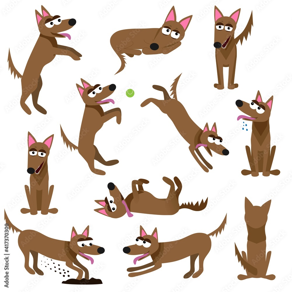 set of poses of funny cartoon dog character (lie, sit, jump, dig, back, front, catch, play, beg), flat vector illustration isolated on white background set of poses of funny cartoon dog character (lie, sit, jump, dig, back, front, catch, play, beg), flat vector illustration isolated on white background
