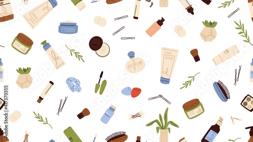 Skin care pattern. Women cosmetics, cream lotion bottle, shadows palette. Beauty store background, spa or salon vector seamless texture. Illustration cream care makeup, seamless lotion and spa tube