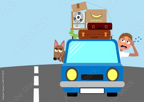 man and dog moving to a new home in a small car, funny vector illustration