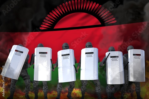 Wallpaper Mural Malawi police swat in heavy smoke and fire protecting law against mutiny - protest fighting concept, military 3D Illustration on flag background Torontodigital.ca