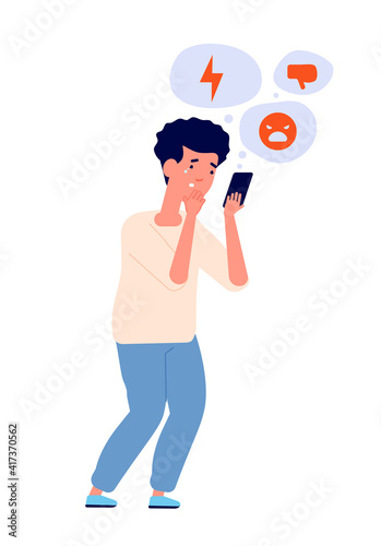 Cyber bullying. Teenager alone, cyberbully attack on depressed teen. Online abuse, sad child and internet bully. Media victim utter vector concept. Illustration bullying teenager, bully social cyber