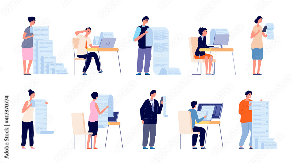 People with documents. Cartoon manager, checklist file or paper pay form. Fill work document or application, person hold sheets vector set. Illustration checklist paper, business person with documents