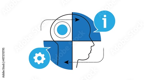 Theory-Practice. Balance. Interaction process. bulb, head, portrait, man. Vector icon.