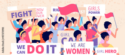 Female demonstration. Protest women, freedom people with placards. Lesbian rights, girl power or feminism, womens day utter vector characters. Women protest with placard, demonstration female