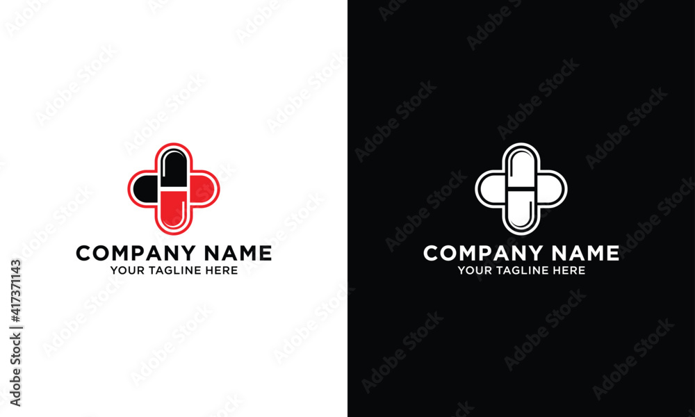 Pills plus template logo design. Vector medical tablet logotype illustration background. Graphic pilule with cross label symbol for pharmacy, hospital. Black and red health care capsule icon symbol. Pills plus template logo design. Vector medical tablet logotype illustration background. Graphic pilule with cross label symbol for pharmacy, hospital. Black and red health care capsule icon symbol.