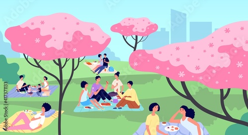 Picnic in city park. Family picnics, rest on nature landscape. People walking, cartoon spring summer families activities utter vector concept. Park city picnic, family rest together illustration