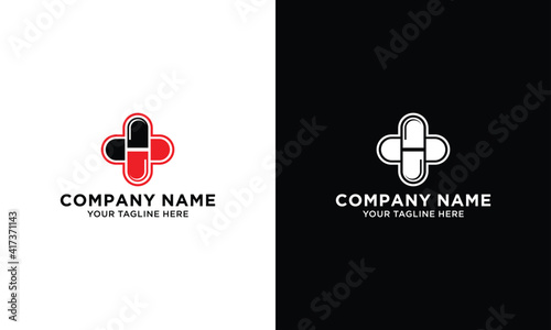 Pills plus template logo design. Vector medical tablet logotype illustration background. Graphic pilule with cross label symbol for pharmacy, hospital. Black and red health care capsule icon symbol.