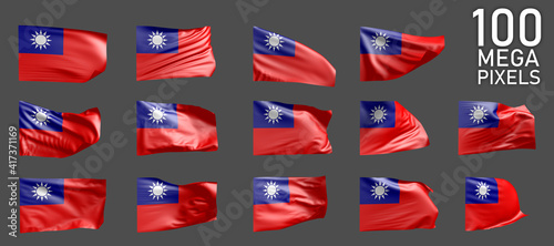 many different realistic renders of Taiwan Province of China flag isolated on grey background - 3D illustration of object