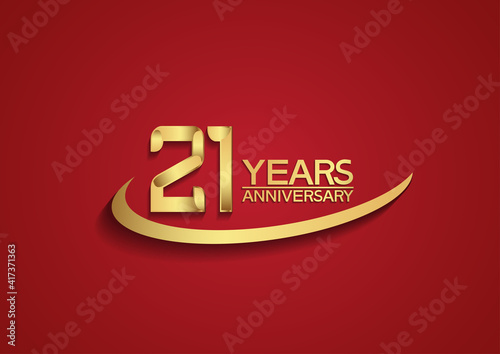 21 years anniversary logo style with swoosh golden color isolated on red background for celebration moment © VECTORKURO