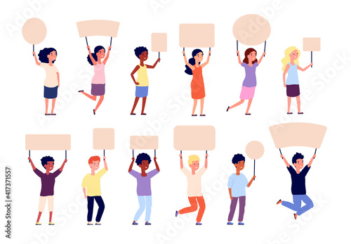 Kids holding banners. Children hold banner, hands with paper empty signs. Student and poster, school boy girl with placards utter vector characters. Illustration kida with board blank, paper placard photo