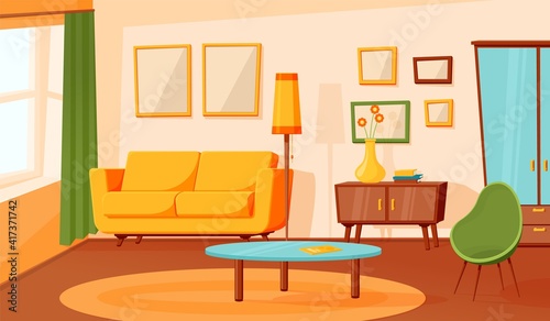 Cartoon living room interior. Flat empty sofa, indoor area design. Modern apartment hall with furniture carpet, lounge recent vector background. Illustration empty room, with furniture interior