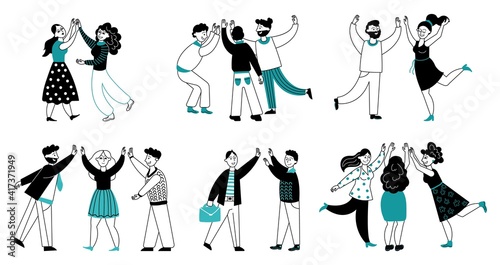 People high five. Friendship day, line cartoon happy women friends. Business partners, team support meeting. Positive decent vector characters. Illustration happy friendship and relationship