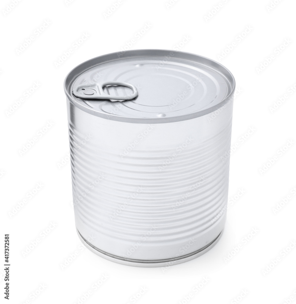 Closed tin can of food isolated on white Closed tin can of food isolated on white