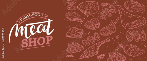 A set of raw meat. Beef, pork, lamb. Vector illustration in the style of a sketch. A booklet, banner, or flyer of a butcher shop or store.