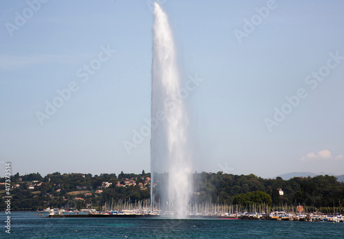Fountain against blue sky, Geneva, Switzerland